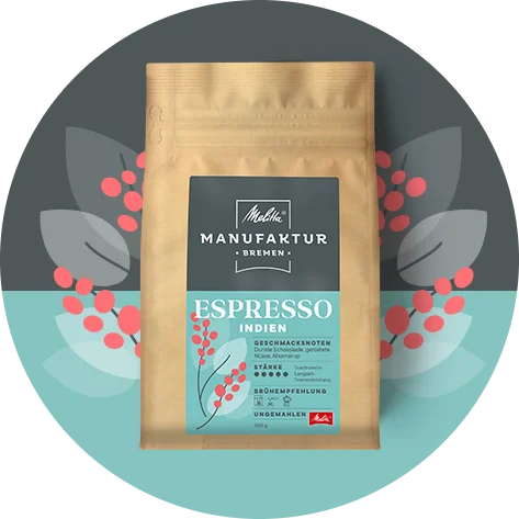 Melitta Manufaktur Kaffee „Espresso“ Produktbild auf hellblau und grauem Hintergrund