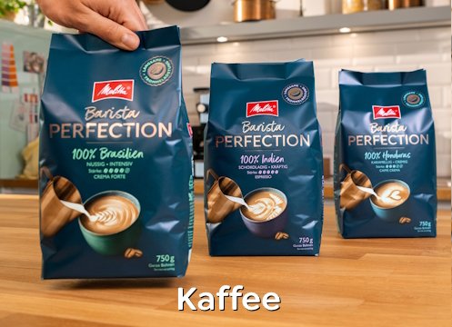 drei Packungen Melitta Barista Perfection Kaffeebohnen auf einer Holz-Küchentheke