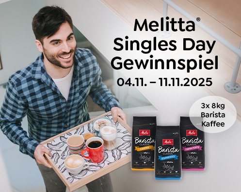 Melitta Singles Day Gewinnspiel 04.11. - 11.11.2025 3x 8kg Barista Kaffee - Gewinne 3x 8kg Barista Kaffee