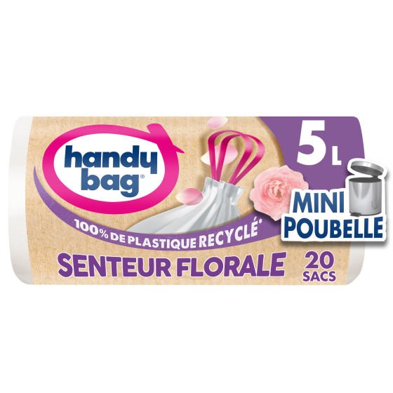 Sacs poubelle salle de bains poignées coulissantes senteur florale 5L x20, 100% plastique recyclé, Handy Bag
