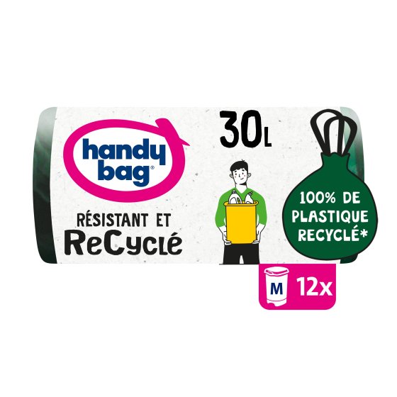 Sacs poubelle poignées coulissantes recyclé 30L x15, 100% plastique recyclé, Handy Bag