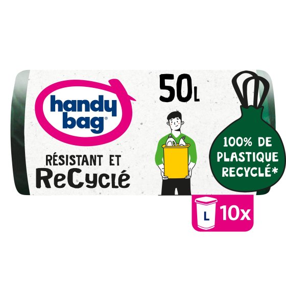 Sacs poubelle poignées coulissantes recyclé 50L x10, 100% plastique recyclé, Handy Bag