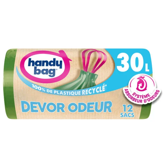 Sacs poubelle poignées coulissantes Dévor Odeur 30L x12, 100% plastique recyclé, Handy Bag Sacs poubelle poignées coulissantes Dévor Odeur 30L x12, 100% plastique recyclé, Handy Bag