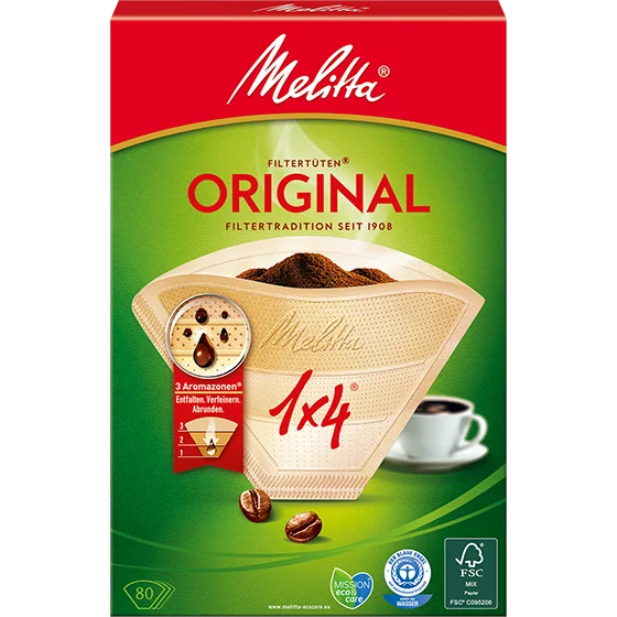Melitta® Original, 1x4®, brun, 80 st Produktbild på Melitta® Original, 1x4®, brun, 80 st. Filterpåsar® - 1