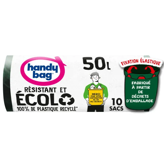 Sacs poubelle fixation élastique Écolo 50L x10, 100% plastique recyclé, Handy Bag Sacs poubelle fixation élastique Écolo 50L x10, 100% plastique recyclé, Handy Bag