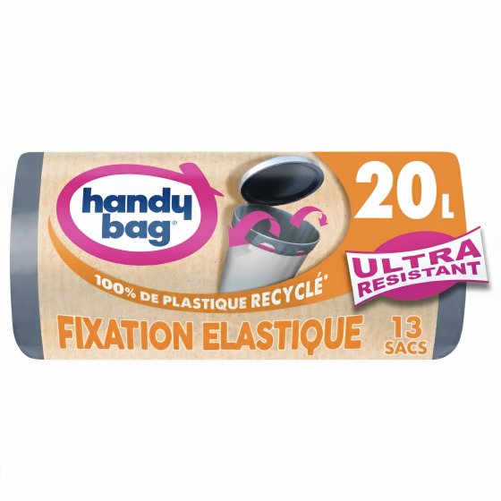 Sacs poubelle fixation élastique 20L x13, 100% plastique recyclé, Handy Bag
