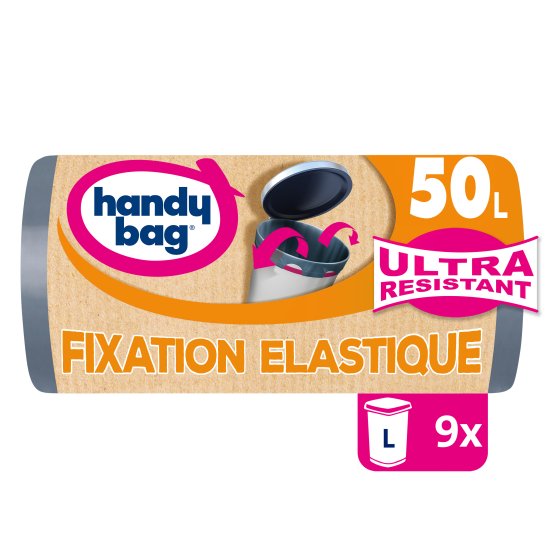 Sacs poubelle fixation élastique 50L x9, 100% plastique recyclé, Handy Bag