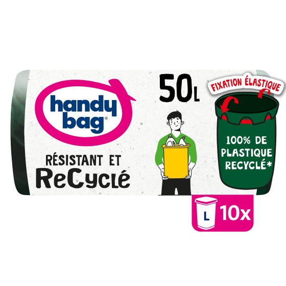 Sacs poubelle fixation élastique recyclé 50L x10, 100% plastique recyclé, Handy Bag