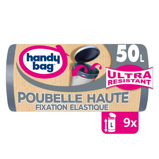 HANDY BAG® Sacs poubelle à FIXATION ELASTIQUE POUBELLE HAUTE 50L, 80% de plastique recyclé