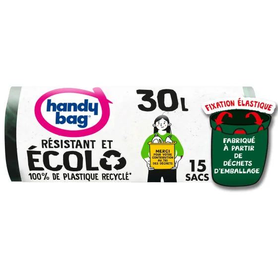 Sacs poubelle fixation élastique Écolo 30L x15, 100% plastique recyclé, Handy Bag Sacs poubelle fixation élastique Écolo 30L x15, 100% plastique recyclé, Handy Bag