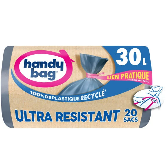 Sacs poubelle lien pratique Ultra Résistant 30L x20, 100% plastique recyclé, Handy Bag Sacs poubelle lien pratique Ultra Résistant 30L x20, 100% plastique recyclé, Handy Bag