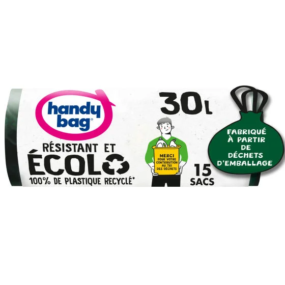 Sacs poubelle poignées coulissantes Écolo 30L x15, 100% plastique recyclé, Handy Bag Sacs poubelle poignées coulissantes Écolo 30L x15, 100% plastique recyclé, Handy Bag
