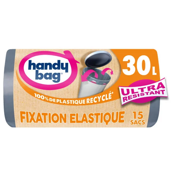Sacs poubelle fixation élastique 30L x15, 100% plastique recyclé, Handy Bag Sacs poubelle fixation élastique 30L x15, 100% plastique recyclé, Handy Bag