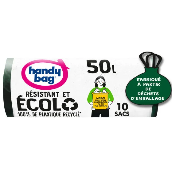 Sacs poubelle poignées coulissantes Écolo 50L x10, 100% plastique recyclé, Handy Bag Sacs poubelle poignées coulissantes Écolo 50L x10, 100% plastique recyclé, Handy Bag