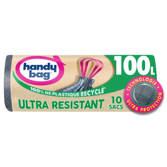 Sacs poubelle poignées coulissantes Ultra Résistant 100L x10, 100% plastique recyclé, Handy Bag Sacs poubelle poignées coulissantes Ultra Résistant 100L x10, 100% plastique recyclé, Handy Bag