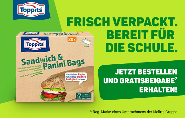 Jetzt bestellen und Gratisbeigabe Toppits Sandwich und Panini Bags erhalten.