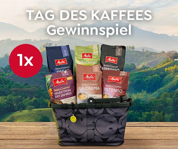 Tag des Kaffees Gewinnspiel: 6 Pakete Melitta Kaffeebohnen in einem Reisenthel Korb