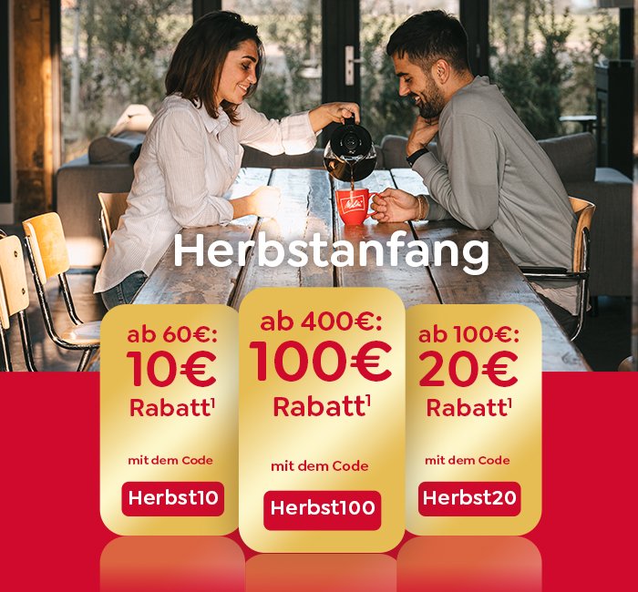 Frau und Mann genießen ihren Kaffee an einem Tisch. Daneben sind die Staffeln der Aktion 10€, 20€ und 100€ Rabatt zu sehen.