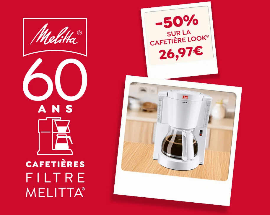 Vignette Anniversaire Melitta 60 ans avec une offre promotionnelle exceptionnelle de -50% sur notre cafetière Look, soit 26.97 € la cafetière