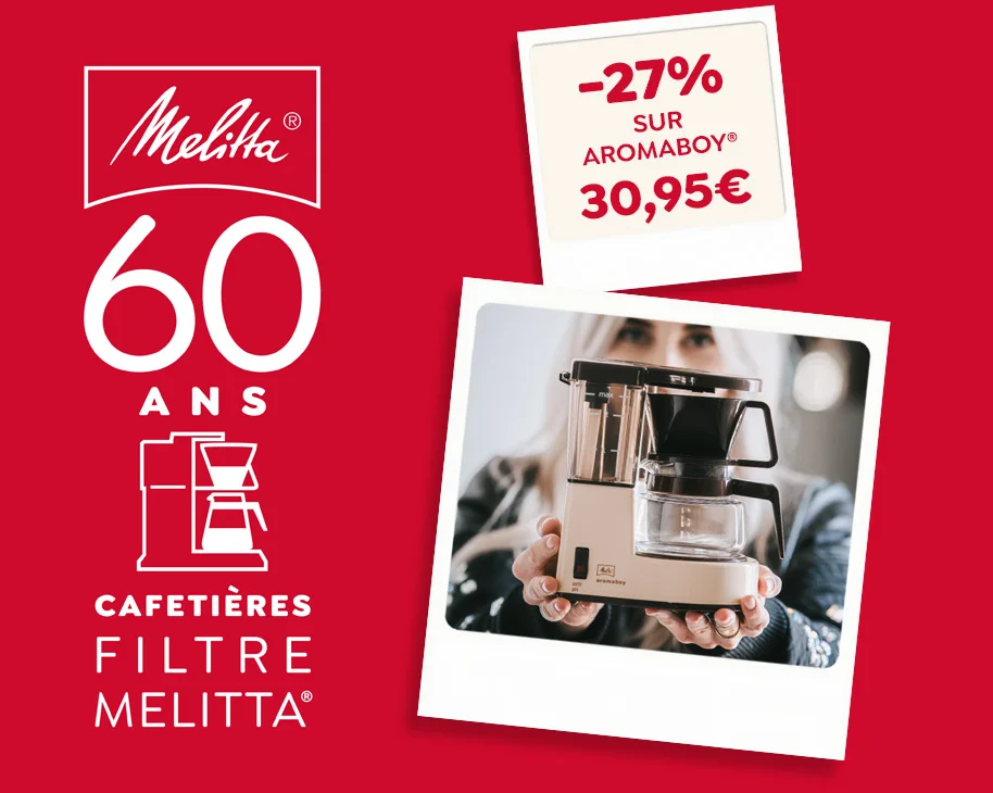 Vignette Anniversaire Melitta 60 ans avec une offre promotionnelle exceptionnelle de -26% sur notre cafetière Aromaboy, soit 31.70 € la cafetière