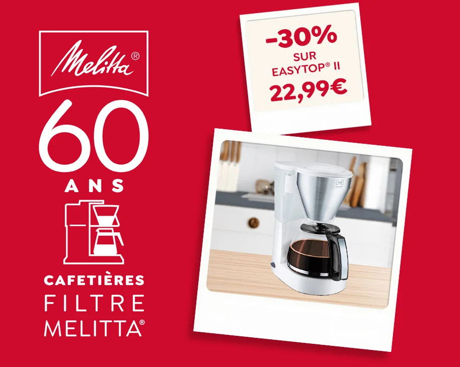 Vignette Anniversaire Melitta 60 ans avec une offre promotionnelle exceptionnelle de -30% sur notre cafetière Easy Top blanc, soit 22.99€ la cafetière.